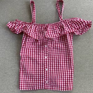 red and white, plaid, off the shoulder, gingham, small, cute, summer